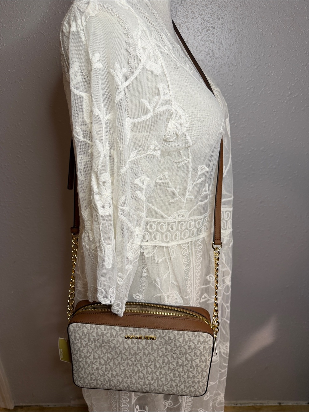 Michael Kors Beige Logo Crossbody with Tan Leather & Gold Chain